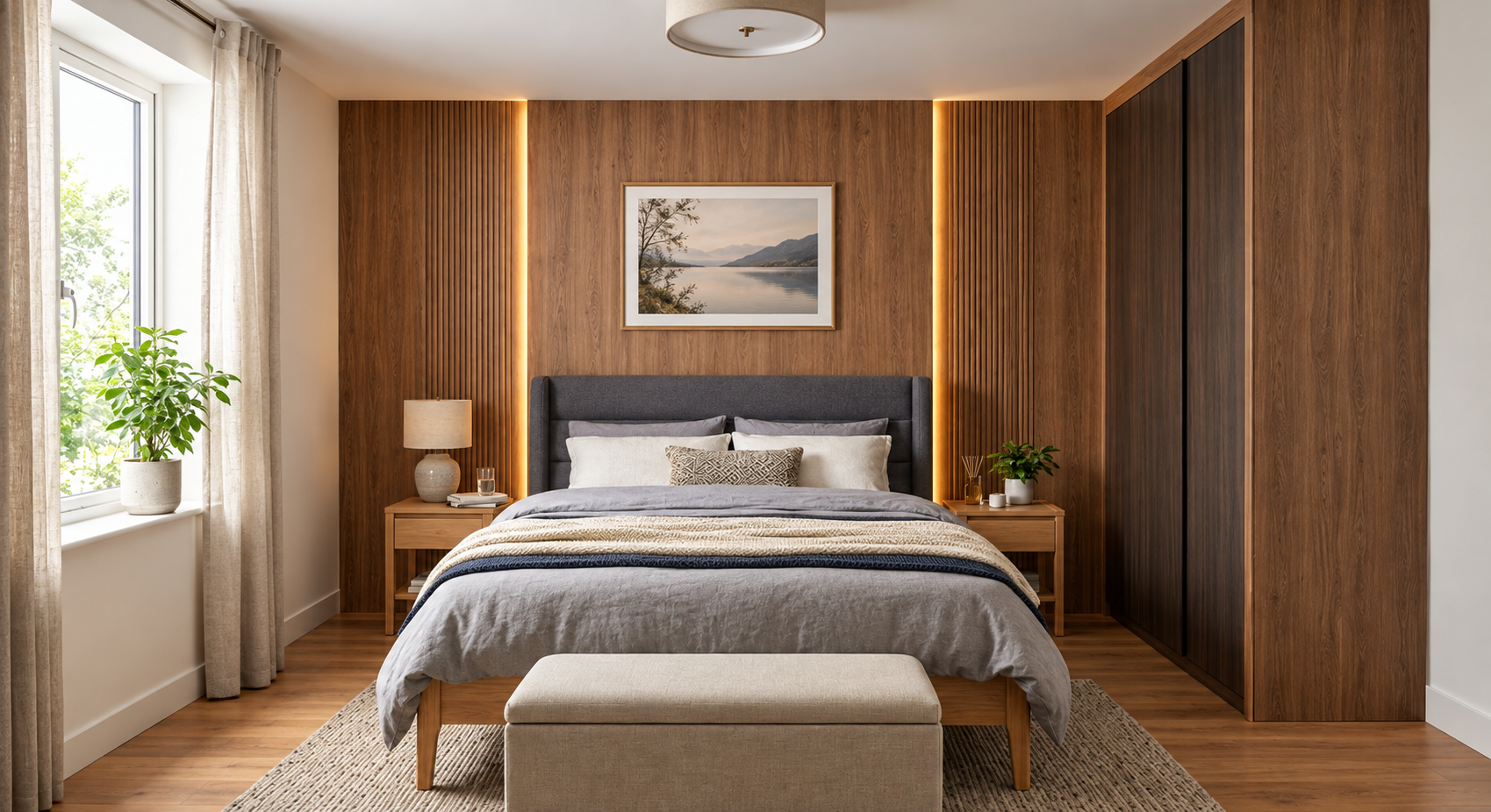 Premium bedroom interior with wood surfaces and mattress